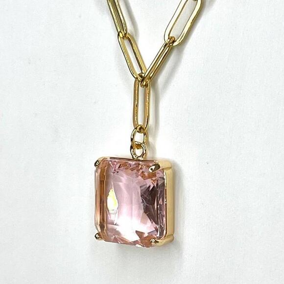 NEW Paperclip Chain Necklace 16" 18" 20" Pink Faceted Chunk Pendant Trendy U09 - Picture 2 of 6
